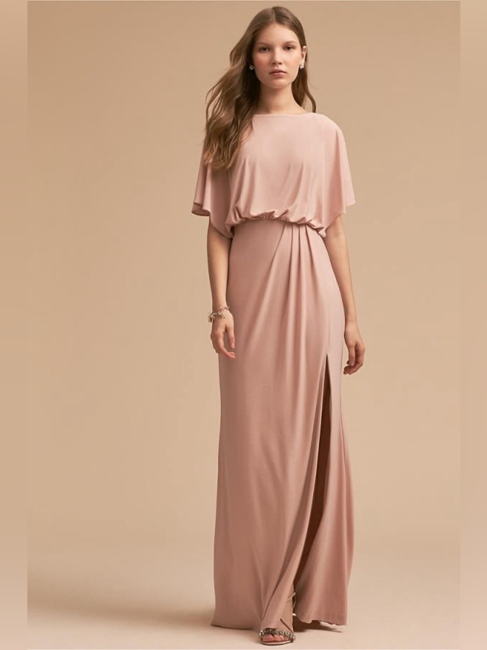 BHLDN Lena Flutter Sleeve Maxi Dress Sz 6 Blush Pink Floor-Length Evening Dress